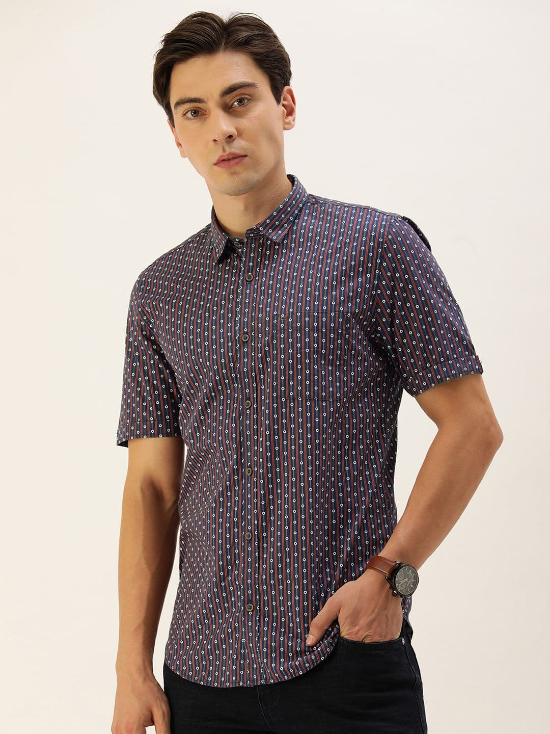 Peter England Men Navy Blue And White Slim Fit Printed Pure Cotton Casual Shirt - view 1