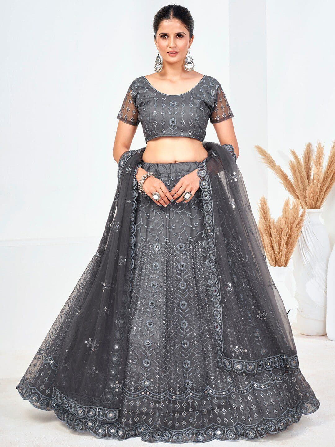 SHOPGARB Grey & Silver-Toned Embellished Sequinned Semi-Stitched Lehenga & Unstitched Blouse With Dupatta - view 1
