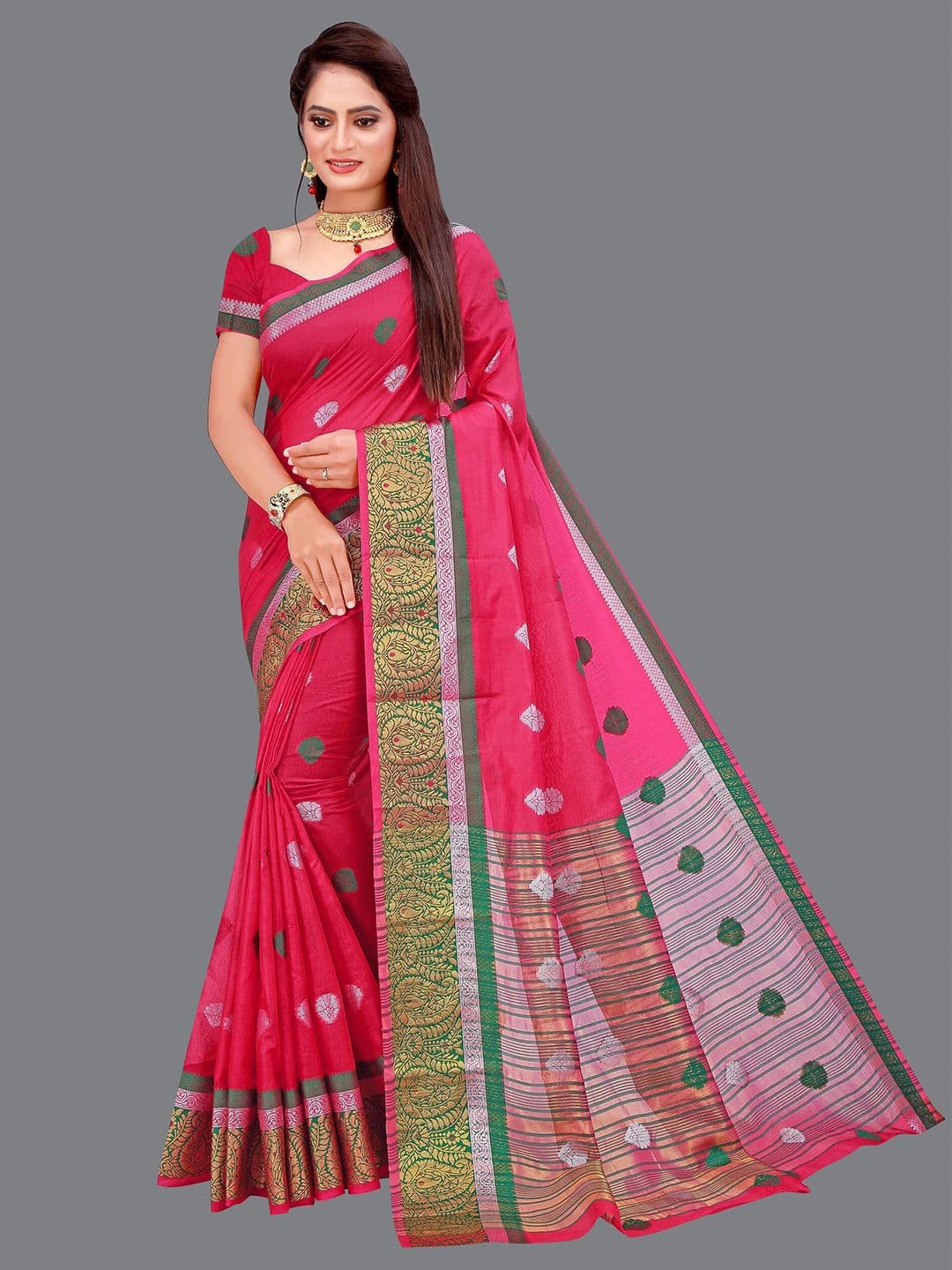 SHAIBO SAREE Red & Green Woven Design Zari Saree - view 1