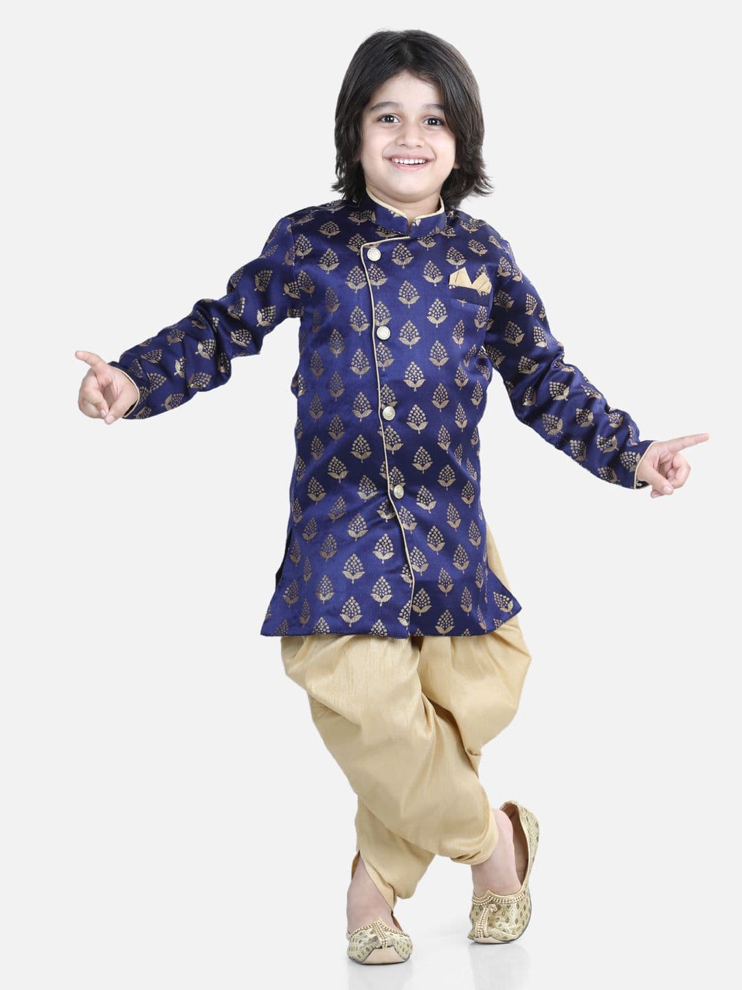 BownBee Boys Blue Full Sleeve Jacquard Sherwani - view 1