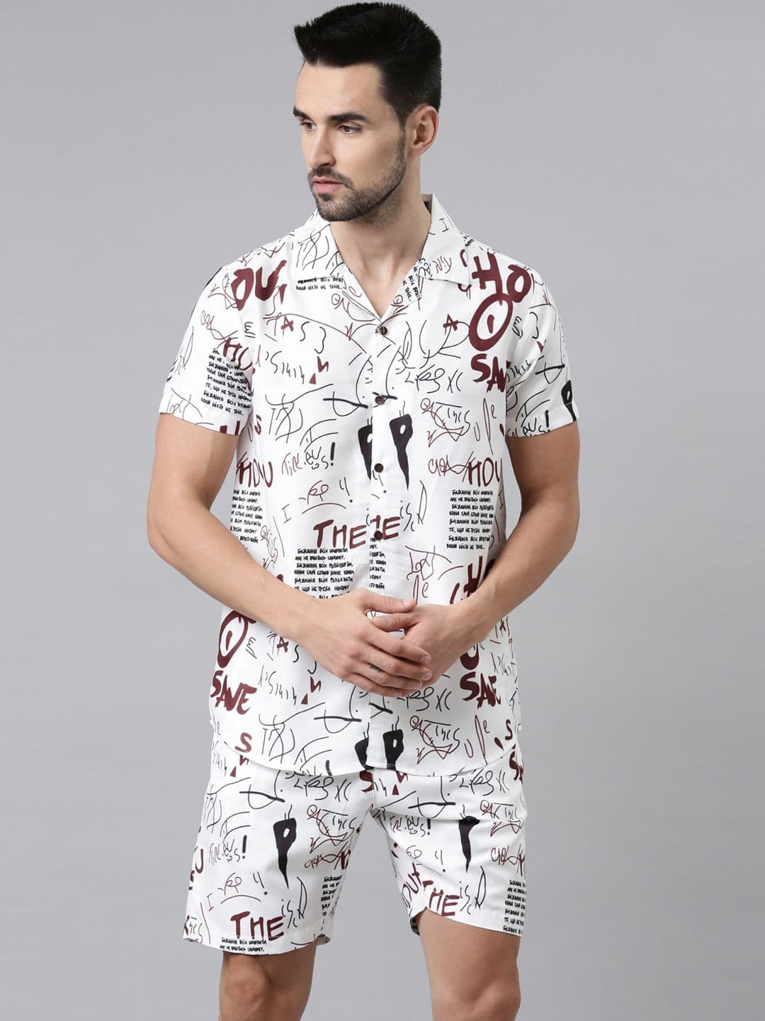 Bushirt Men White & Black Printed Night suit - view 1