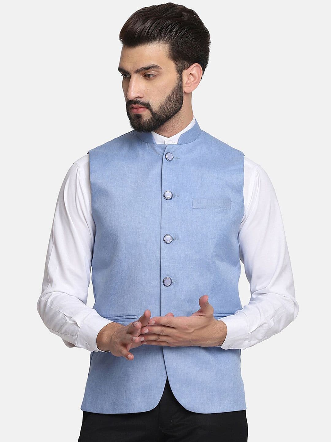 TAHVO Men Blue Solid Satin Nehru Jackets - view 1