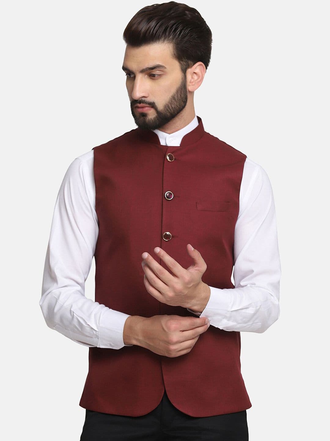 TAHVO Men Maroon Solid Nehru Jackets - view 1