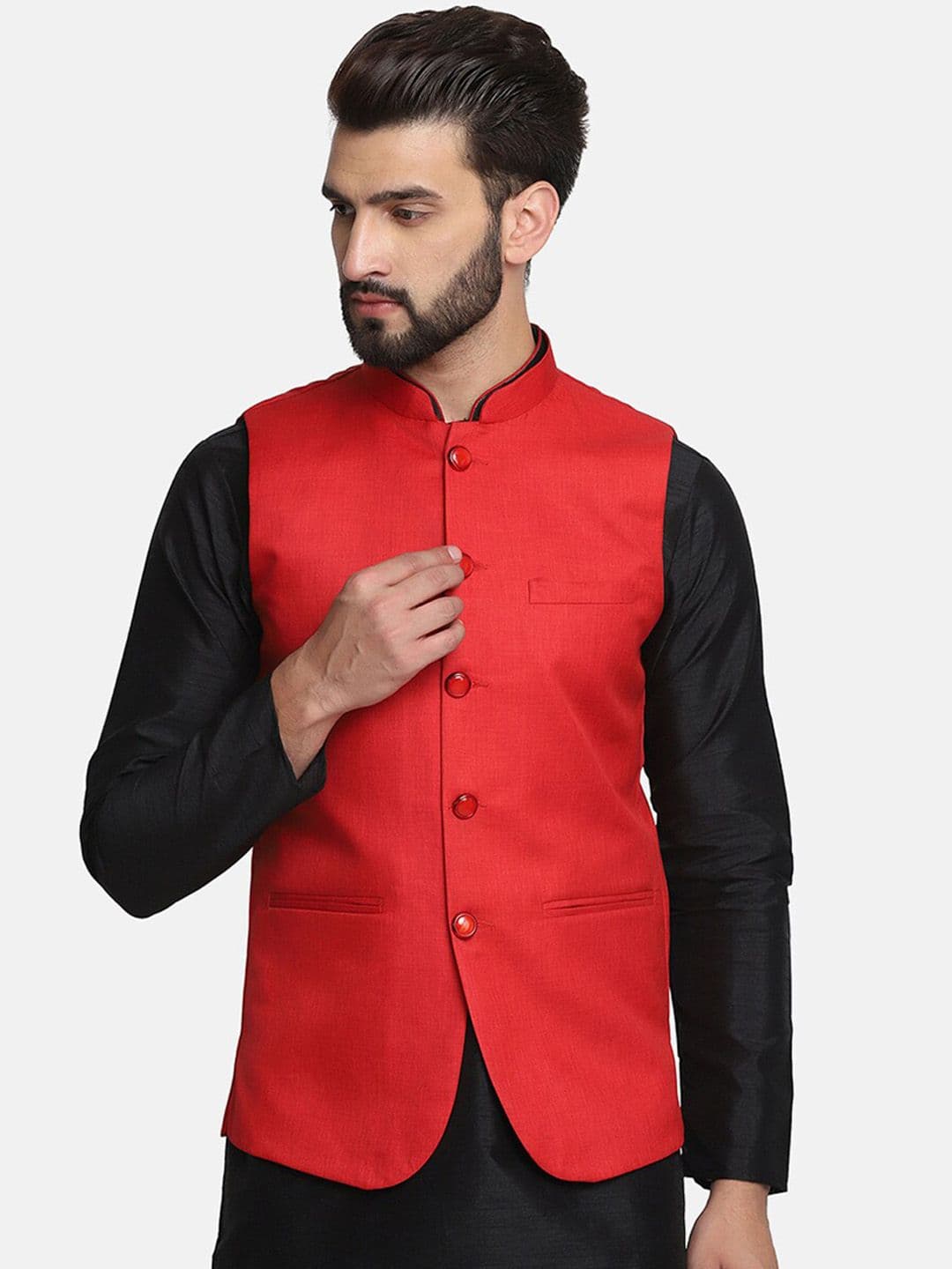 TAHVO Men Red Solid Woven Nehru Jacket - view 1