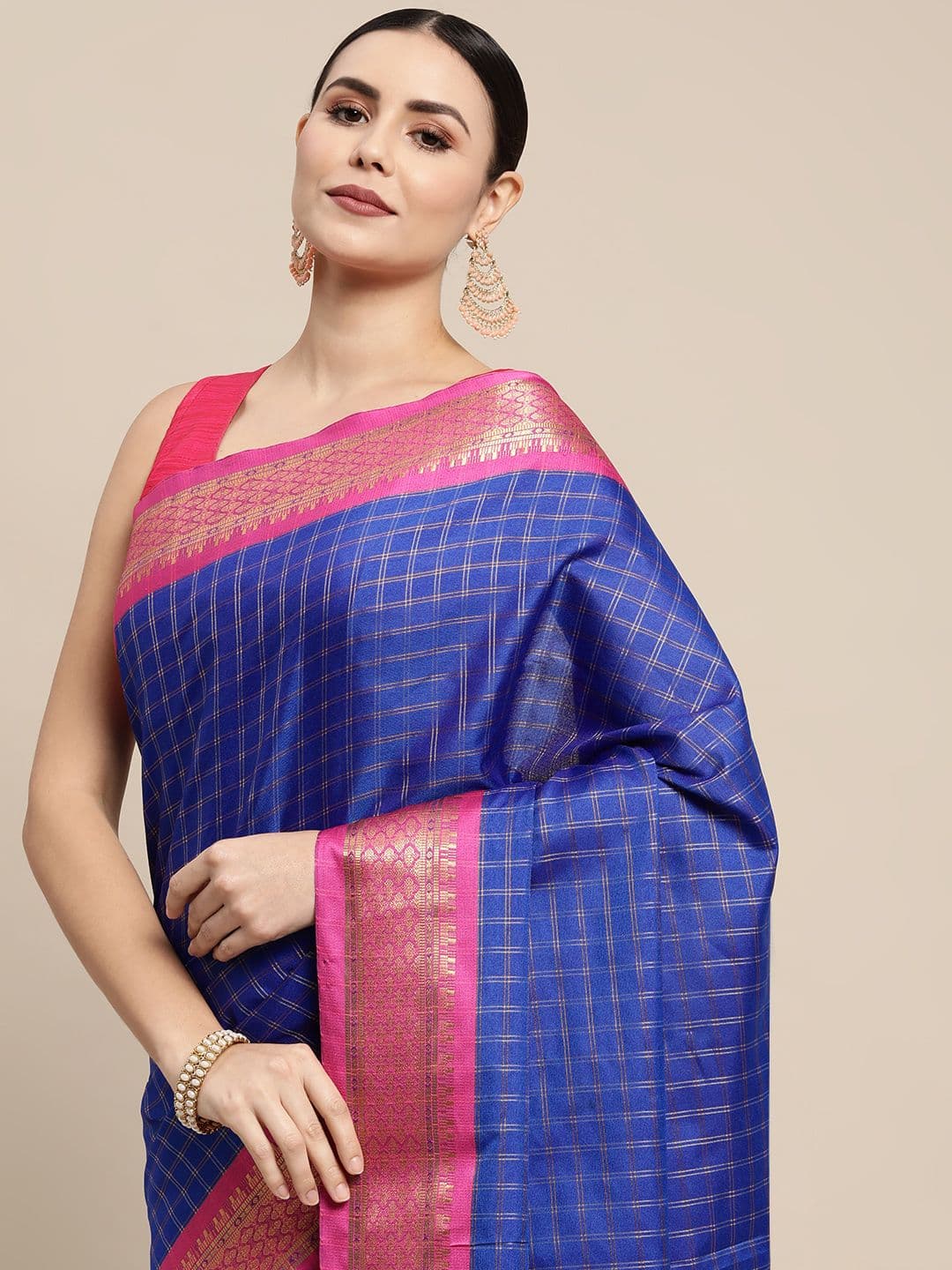 KALINI Blue & Pink Checked Zari Silk Cotton Saree - view 1