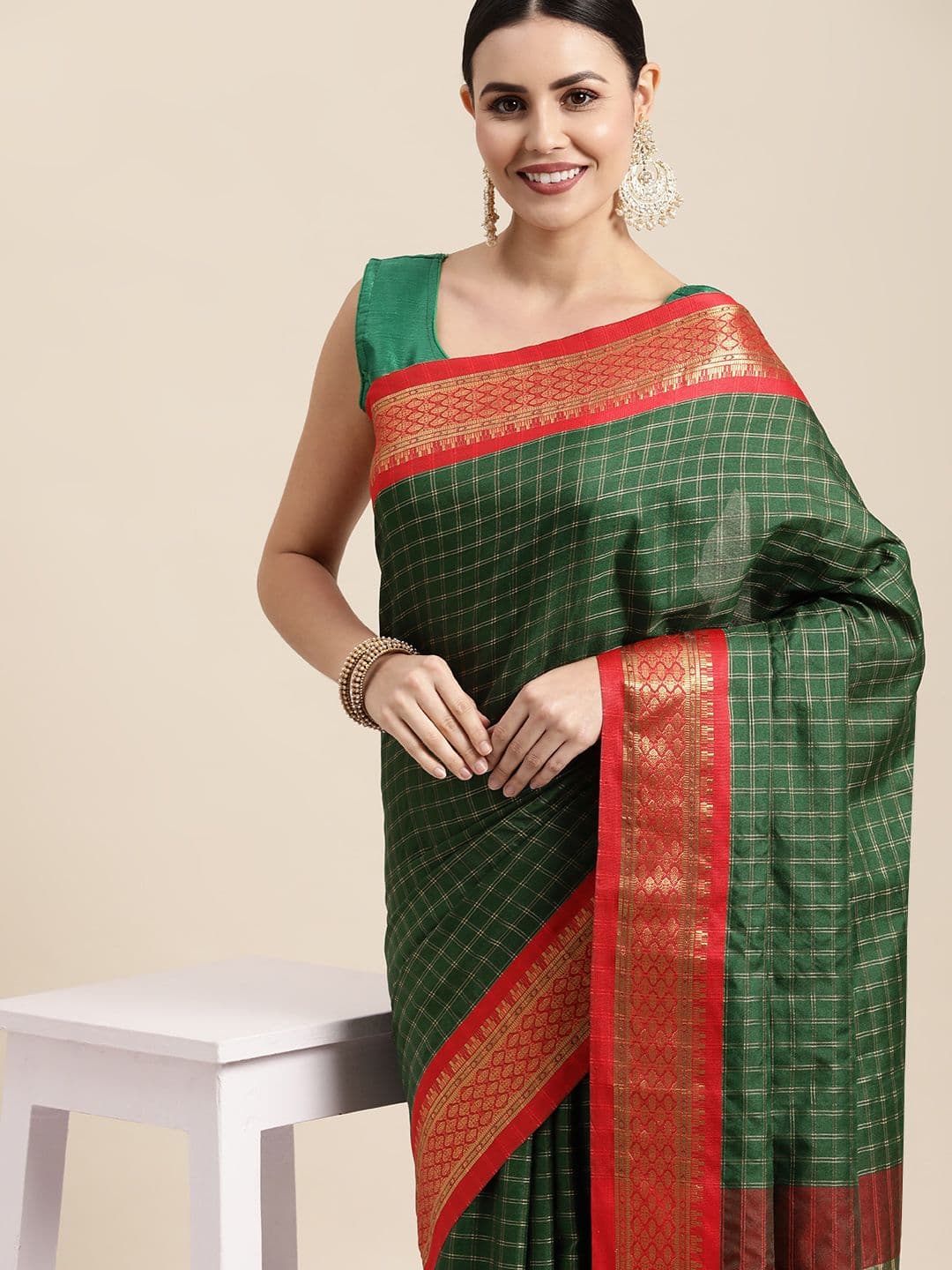 KALINI Green & Red Checked Zari Silk Cotton Saree - view 1