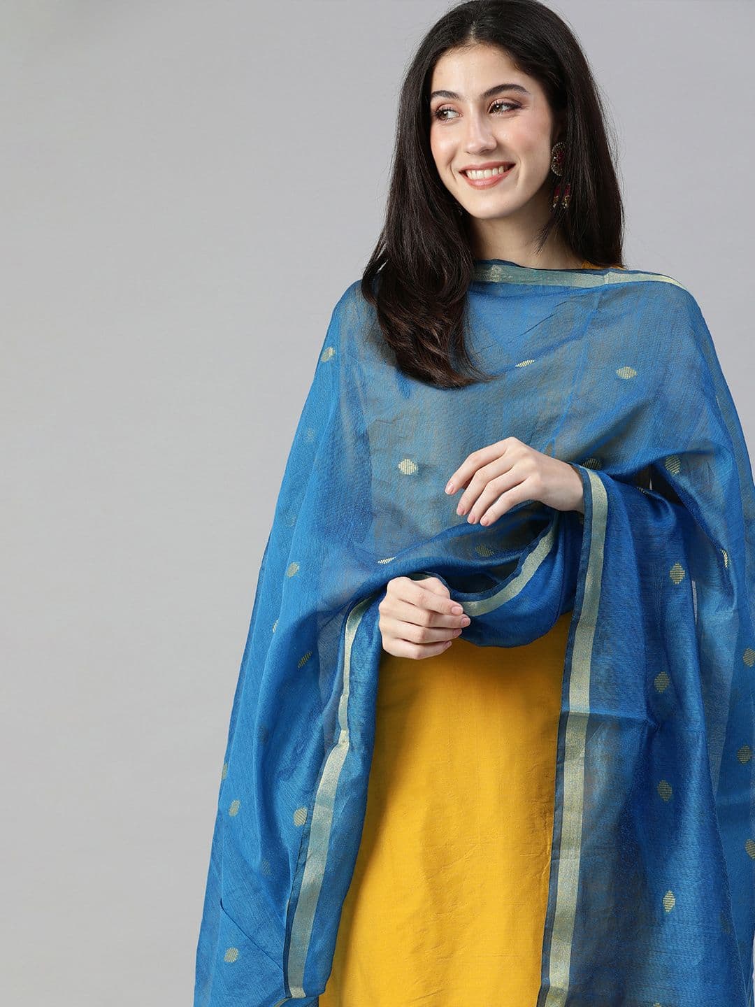 swatika Blue & Golden Ethnic Motifs Woven Design Bhagalpuri Dupatta - view 1