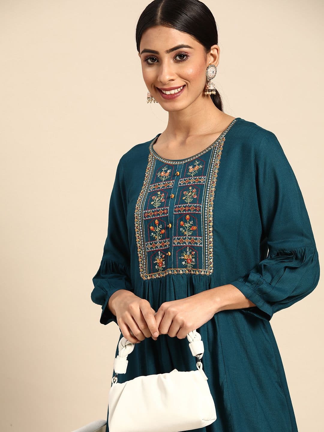 Sangria Teal Blue Floral Embroidered Pleated A-Line Kurti - view 1