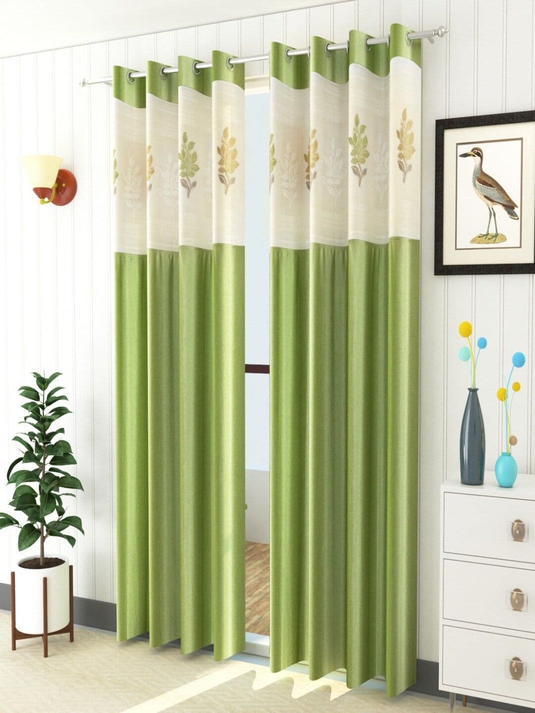 Homefab India Set of 2 Floral Green & White Printed Sheer Door Curtain - view 1