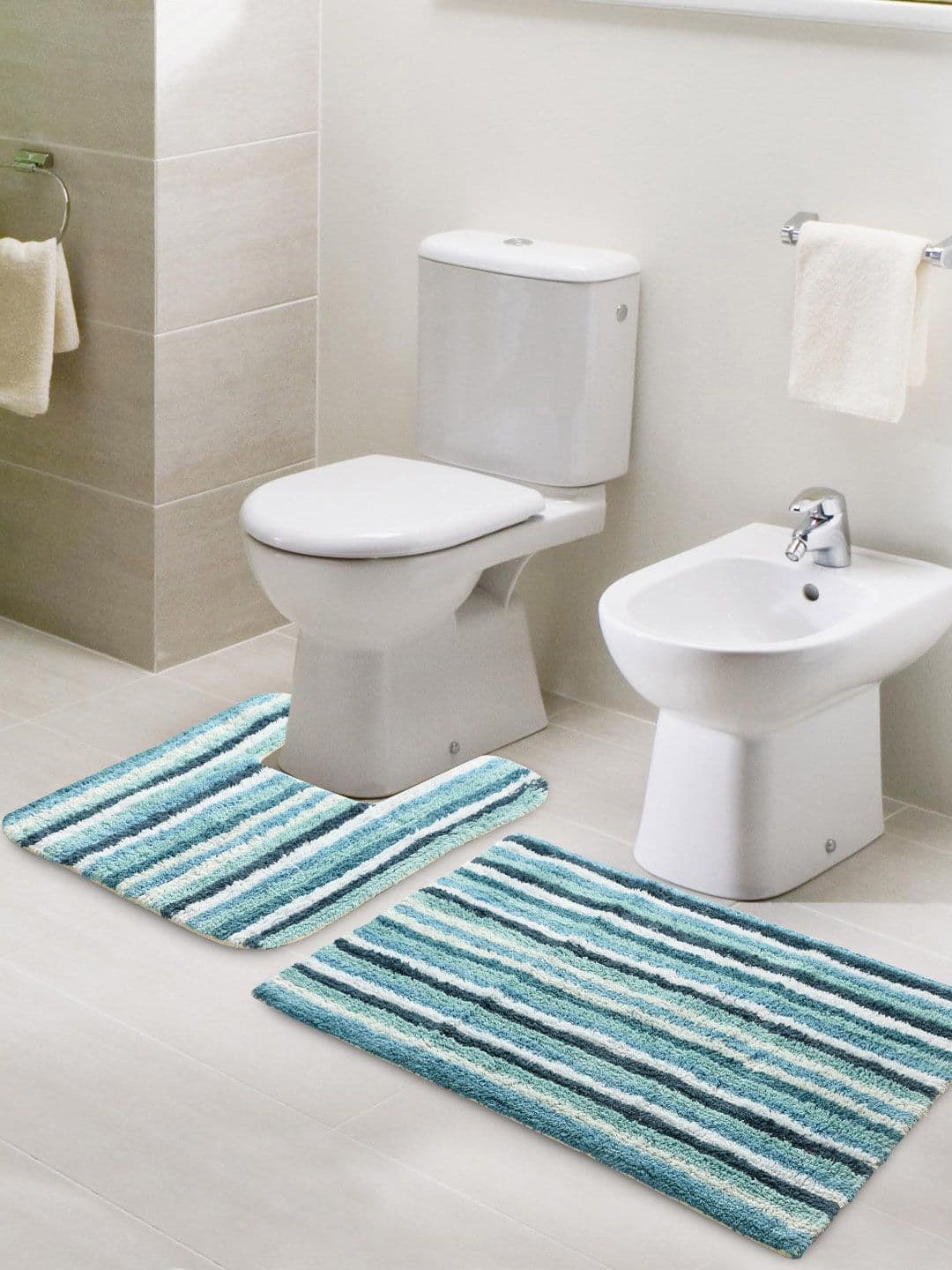 SASHAA WORLD Adults unisex Set of 2 Blue & White Striped 2000 GSM Anti Skid Bath Rugs - view 1