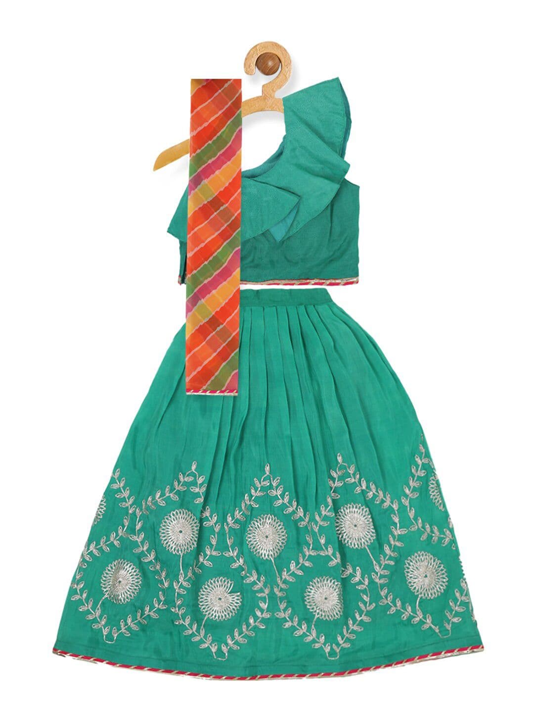 PICCOLO Girls Green & Orange Ready to Wear Lehenga & Blouse With Dupatta - view 1