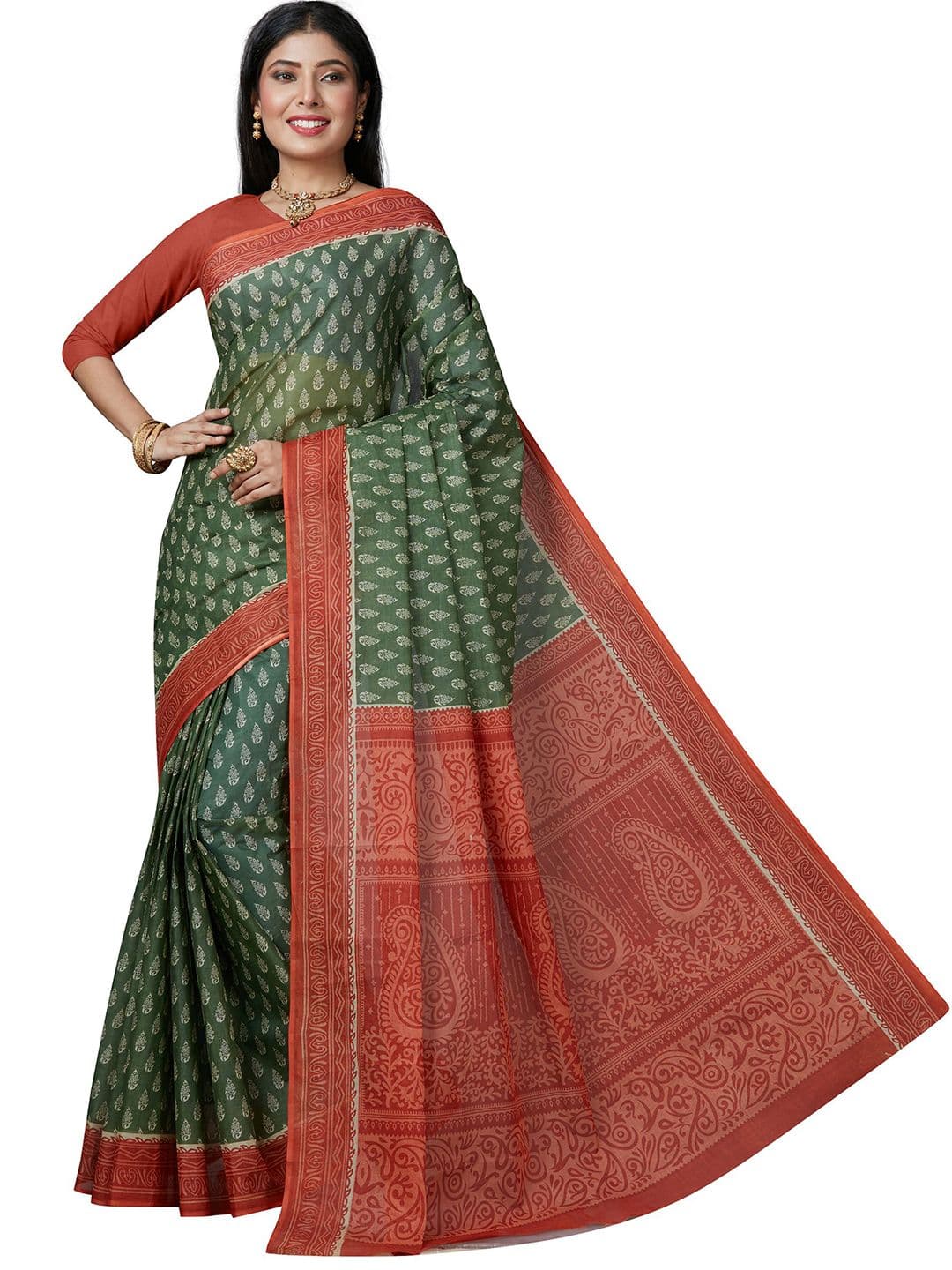 SHANVIKA Green & Red Ethnic Motifs Pure Cotton Block Print Saree - view 1