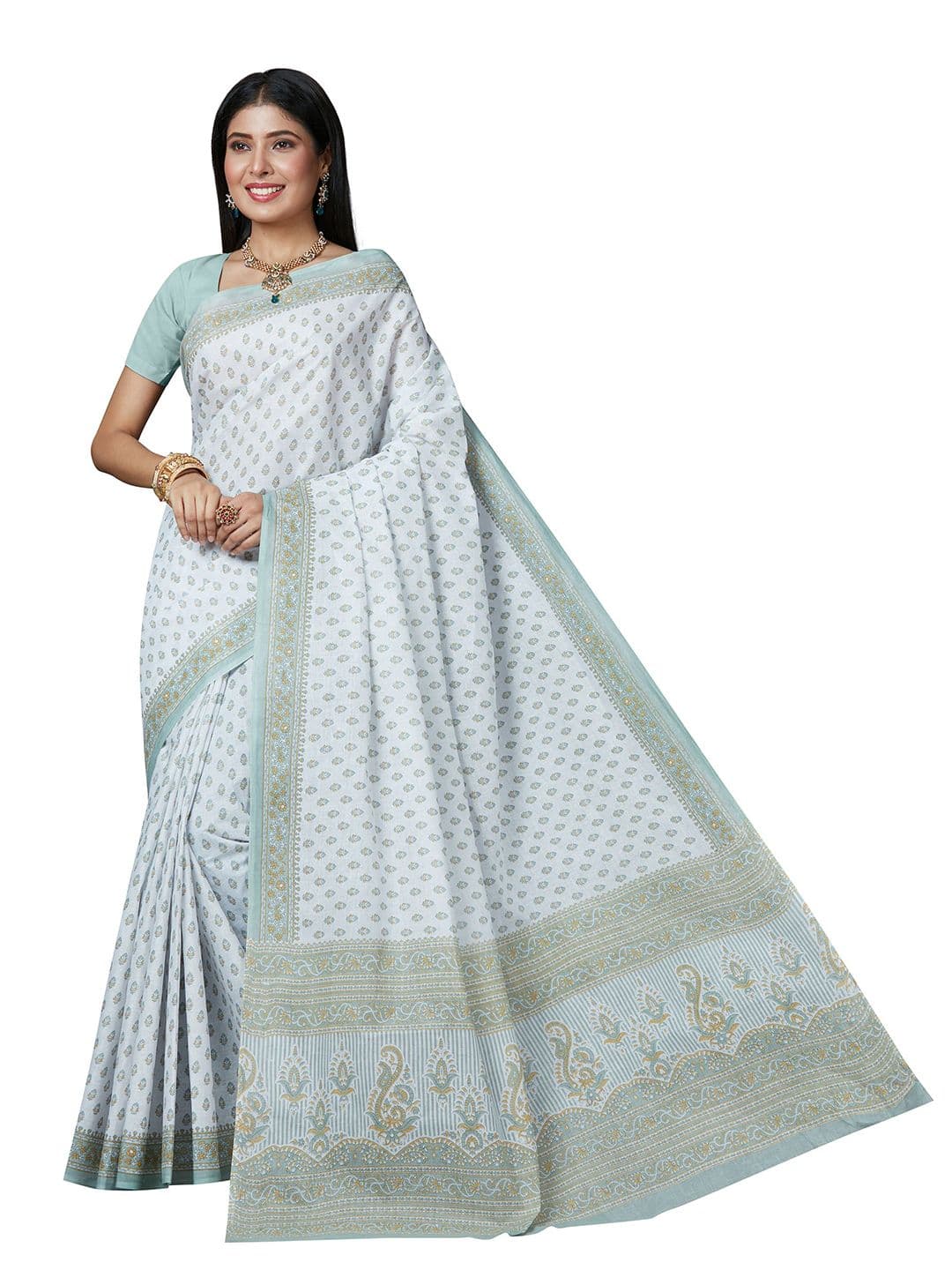 SHANVIKA White & Green Ethnic Motifs Pure Cotton Block Print Saree - view 1