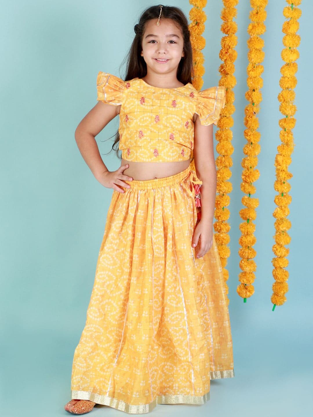 LIL DRAMA Girls Yellow & White Bandhani Printed Ready to Wear Lehenga Choli - view 1