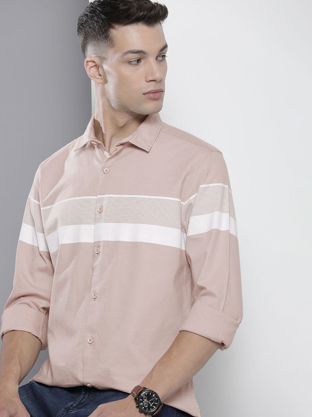 The Indian Garage Co Men Dusty Pink Horizontal Stripes Casual Cotton Shirt - view 1