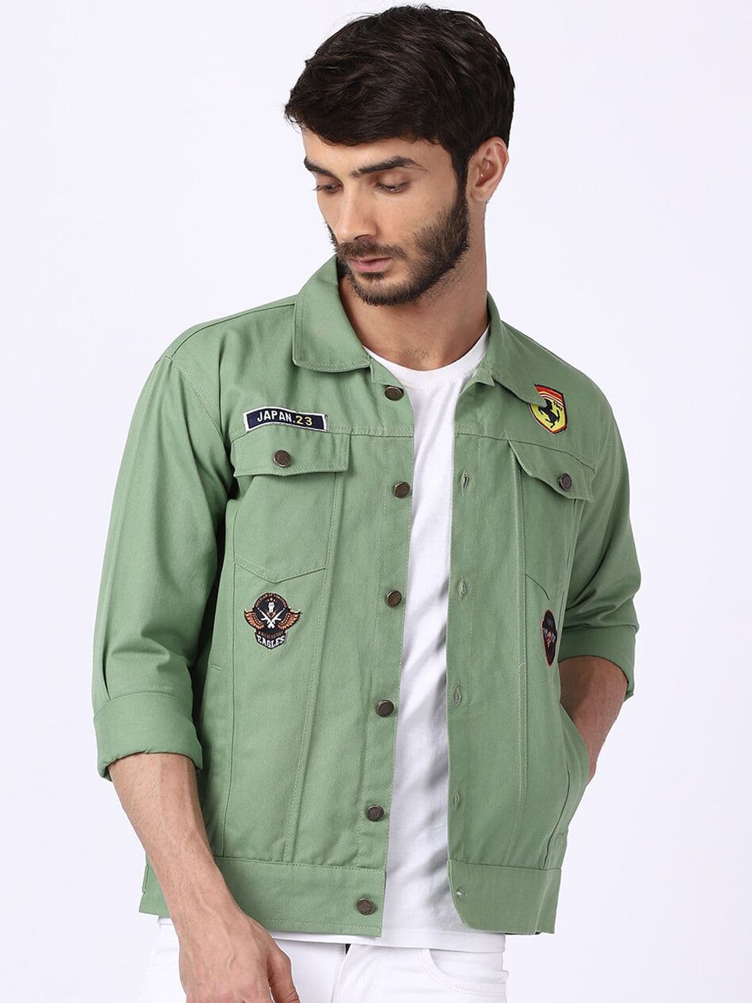 VOXATI Men Green Solid Cotton Denim Jacket - view 1