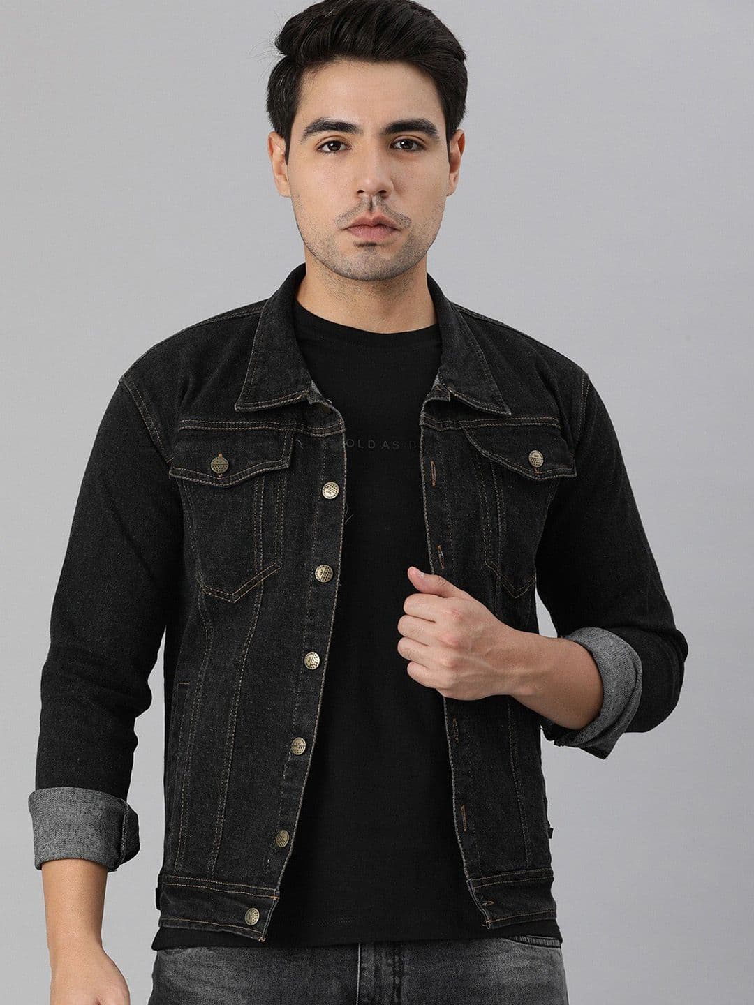 VOXATI Men Black Washed Denim Jacket with Embroidered - view 1