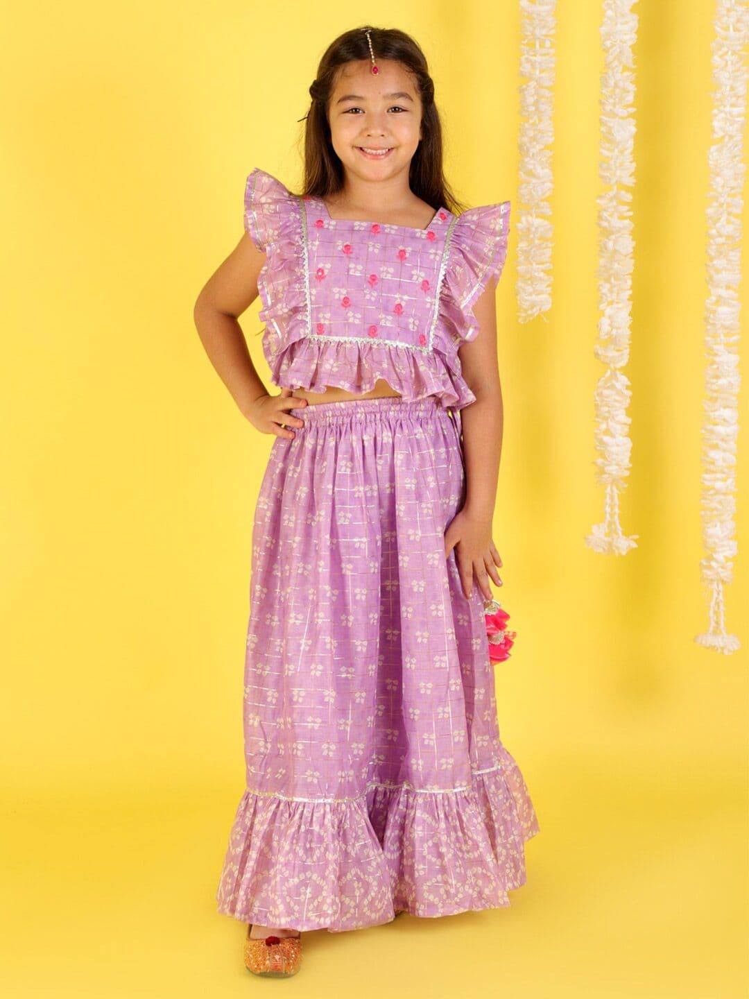 LIL DRAMA Girls Purple & Off White Printed Patchwork Ready to Wear Lehenga & - view 1