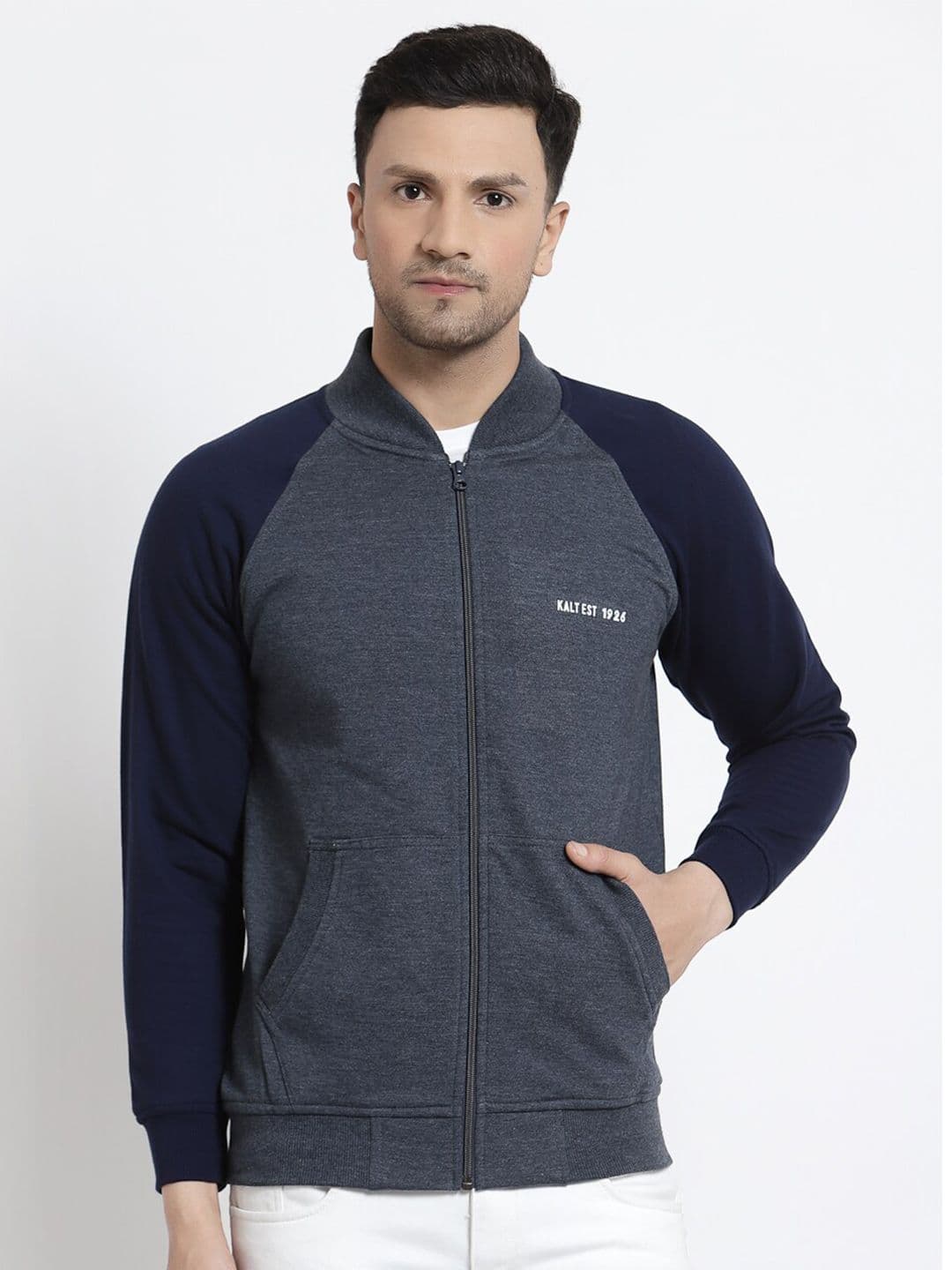 Kalt Men Blue Grey Colourblocked Fleece Bomber Jacket - view 1