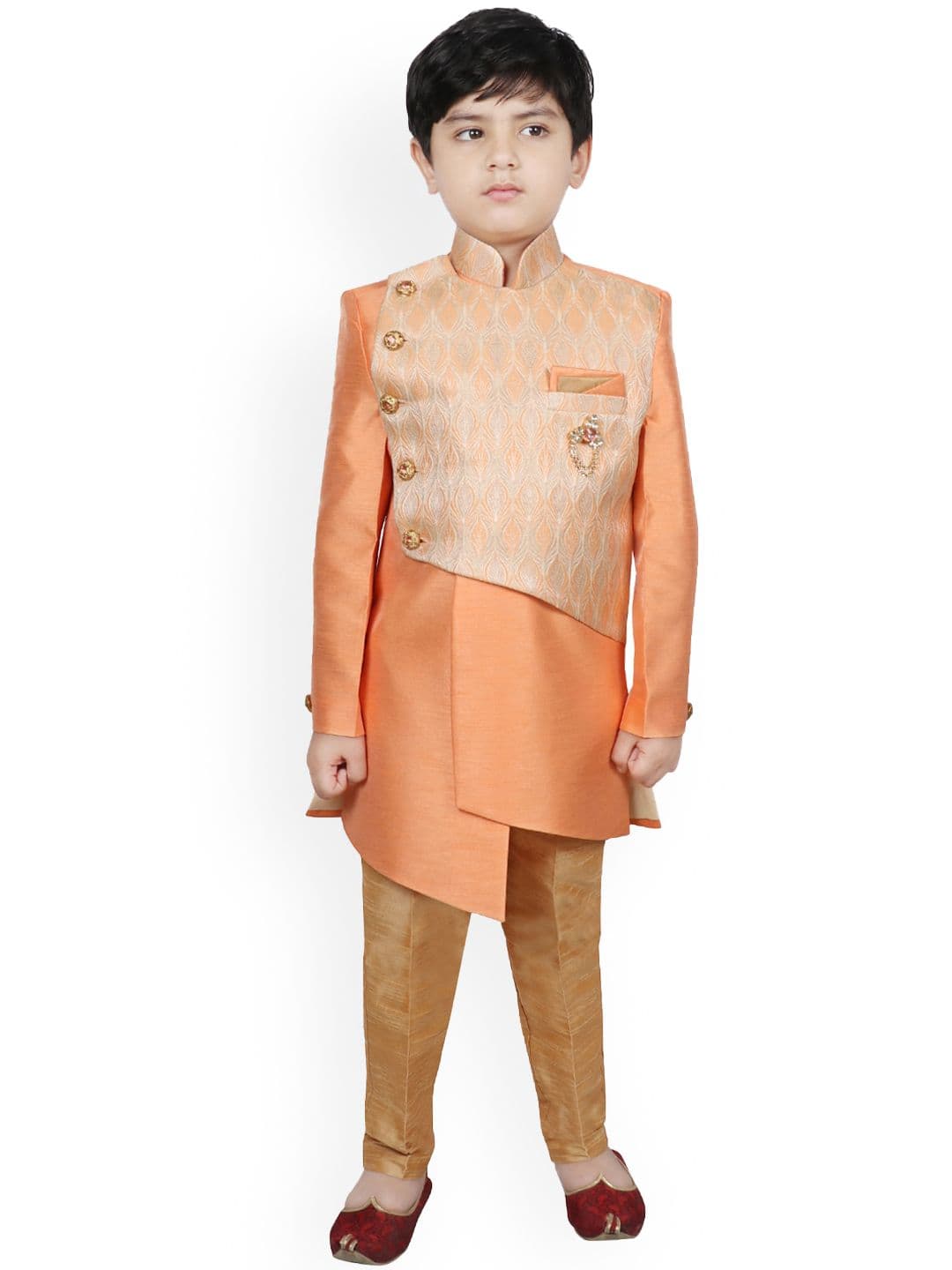 SG YUVRAJ Boys Orange & Gold-Colour Raw-Silk Sherwan - view 1