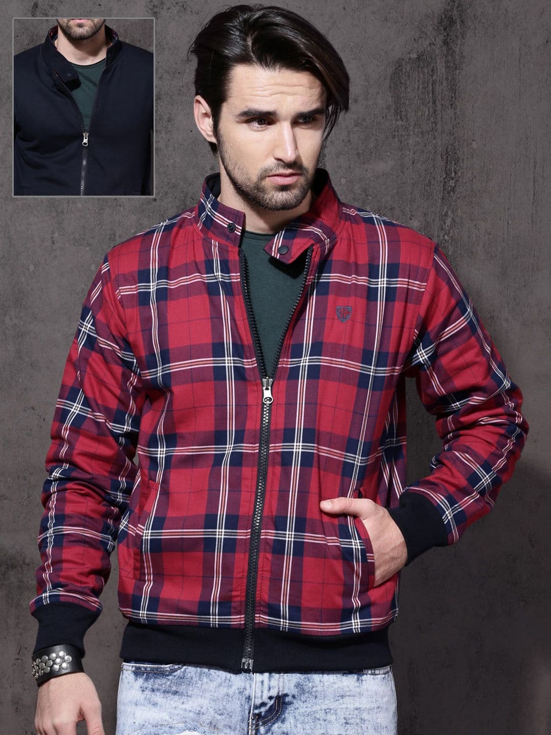Roadster Men Red & Blue Checked Reversible Bomber Jacket - view 1