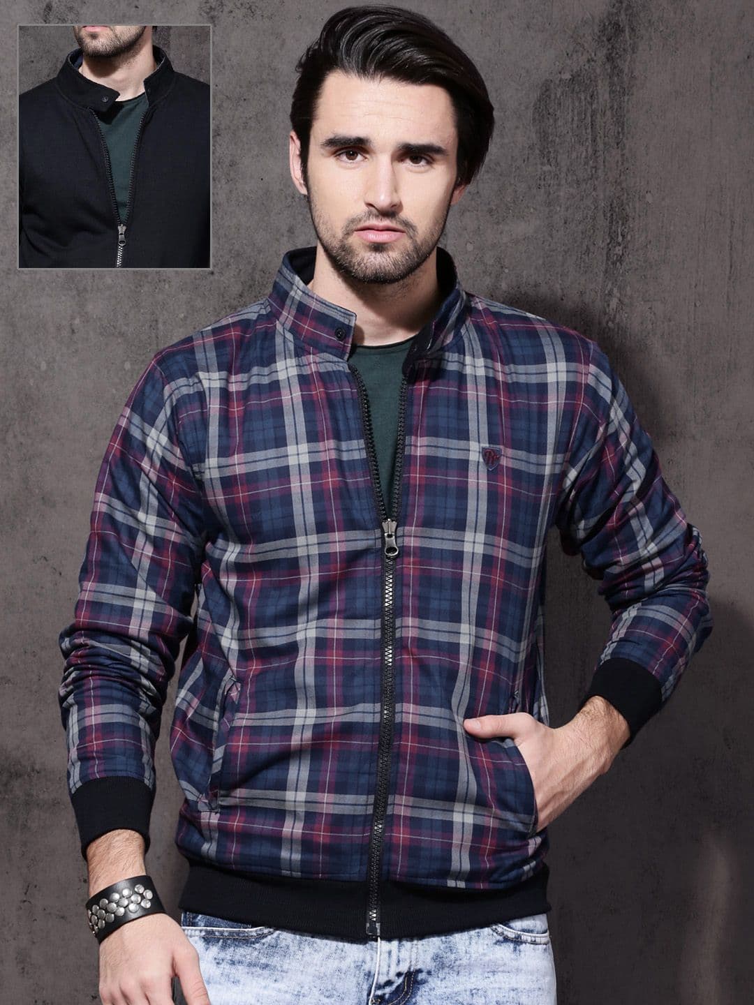 Roadster Men Blue & Burgundy Checked Reversible Bomber Jacket