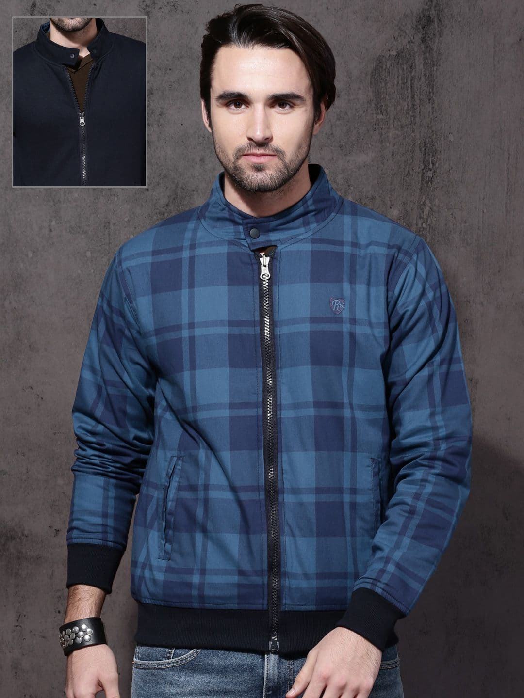 Roadster Men Blue Checked Reversible Bomber Jacket - view 1