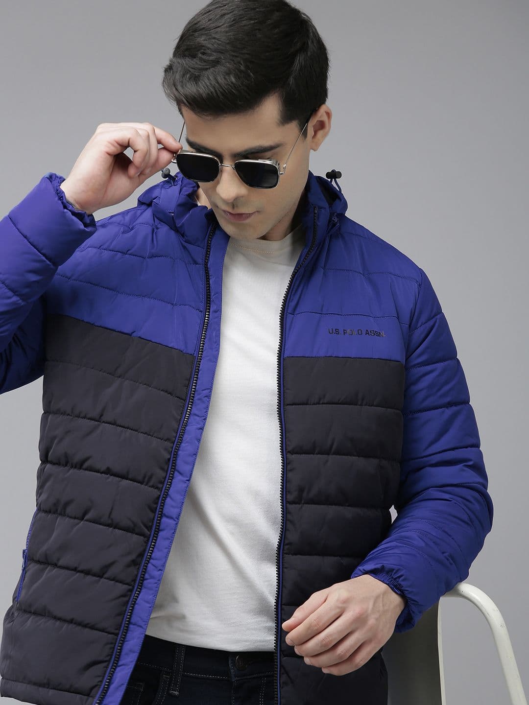 U.S. Polo Assn. Men Blue & Black Colourblocked Hooded Puffer Jacket - view 1