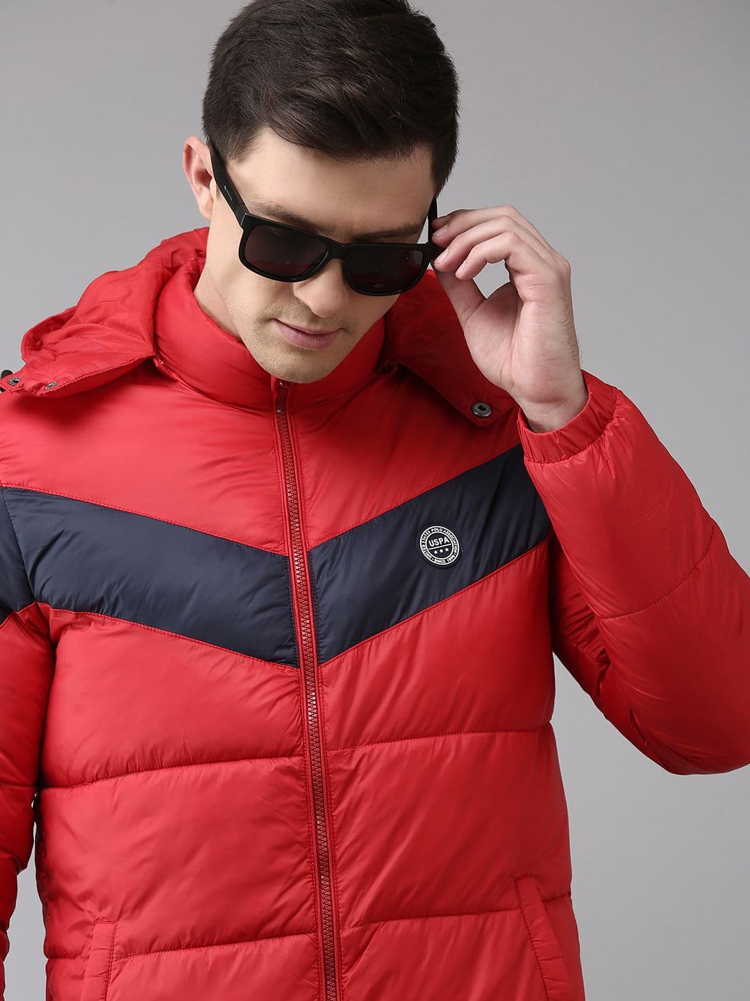 U.S. Polo Assn. Men Red & Navy Blue Colourblocked Puffer Jacket - view 1
