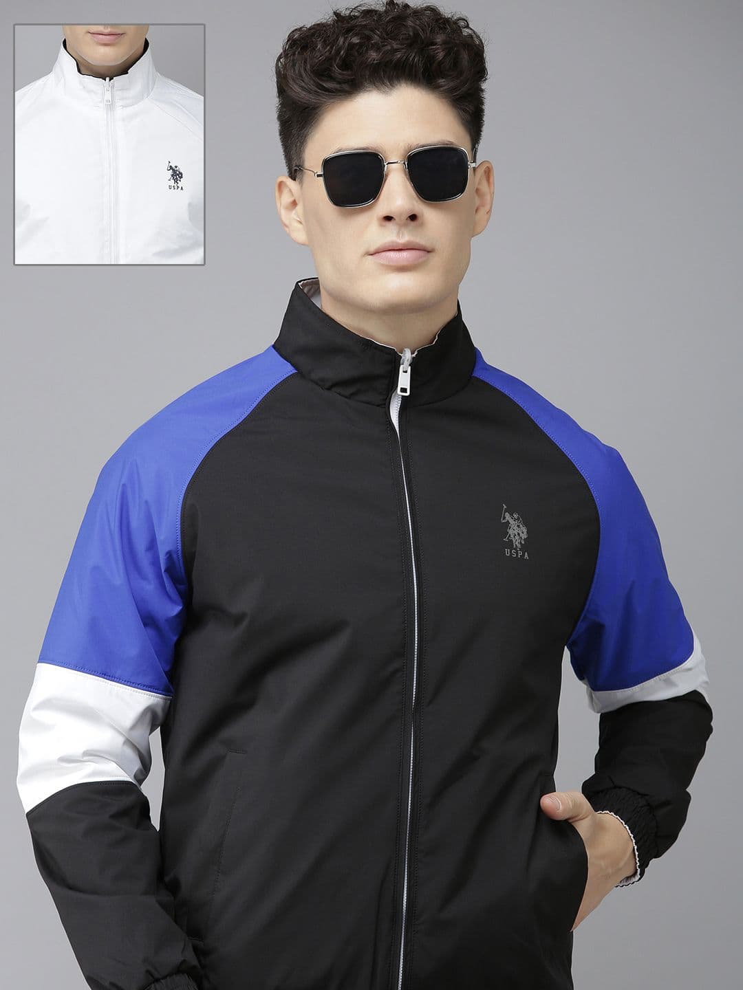 U.S. Polo Assn. U S Polo Assn Men White Black Colourblocked Reversible Bomber Jacket - view 1