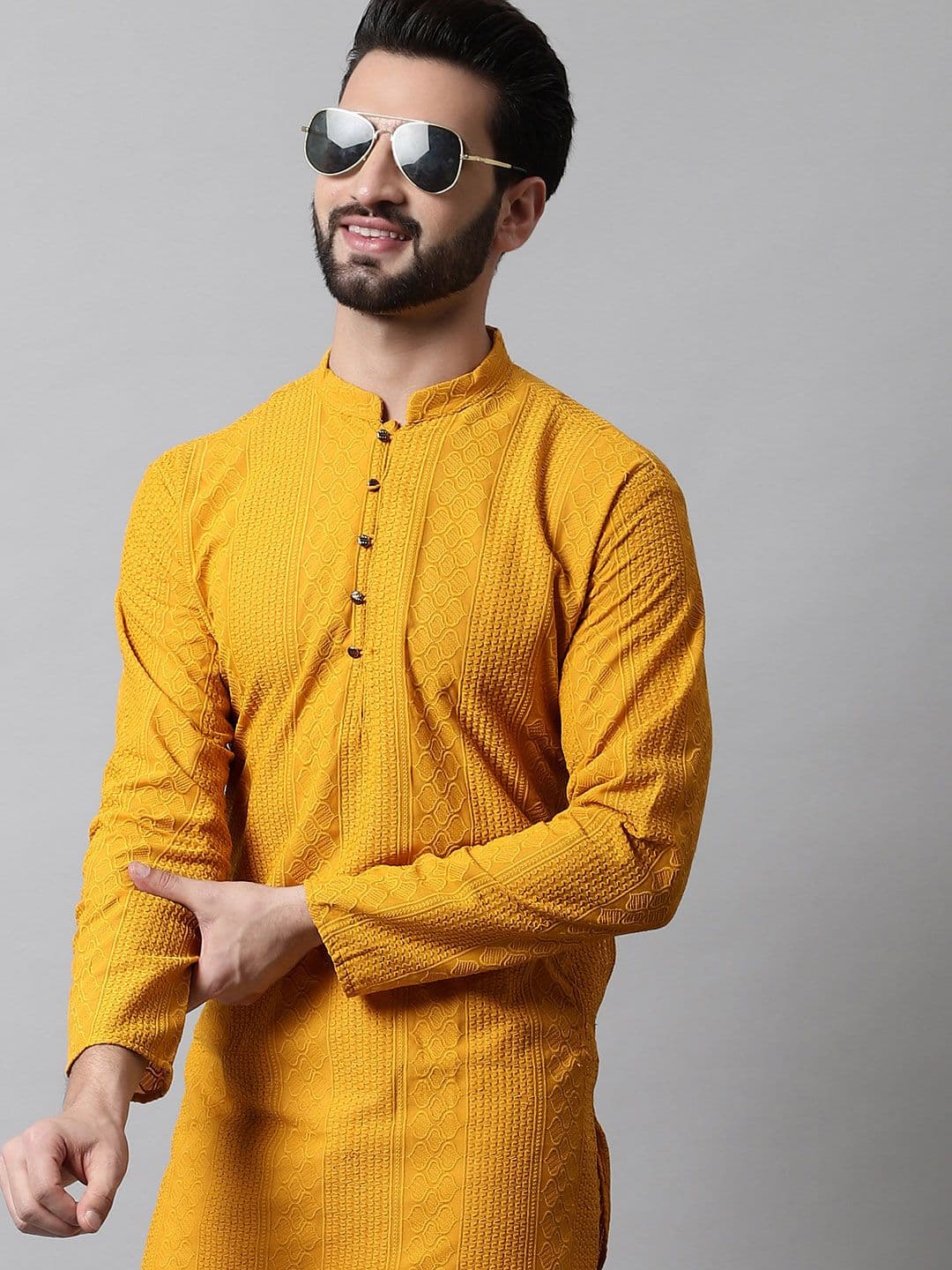 Jompers Men Mustard Yellow Geometric Embroidered Thread Work Kurta - view 1