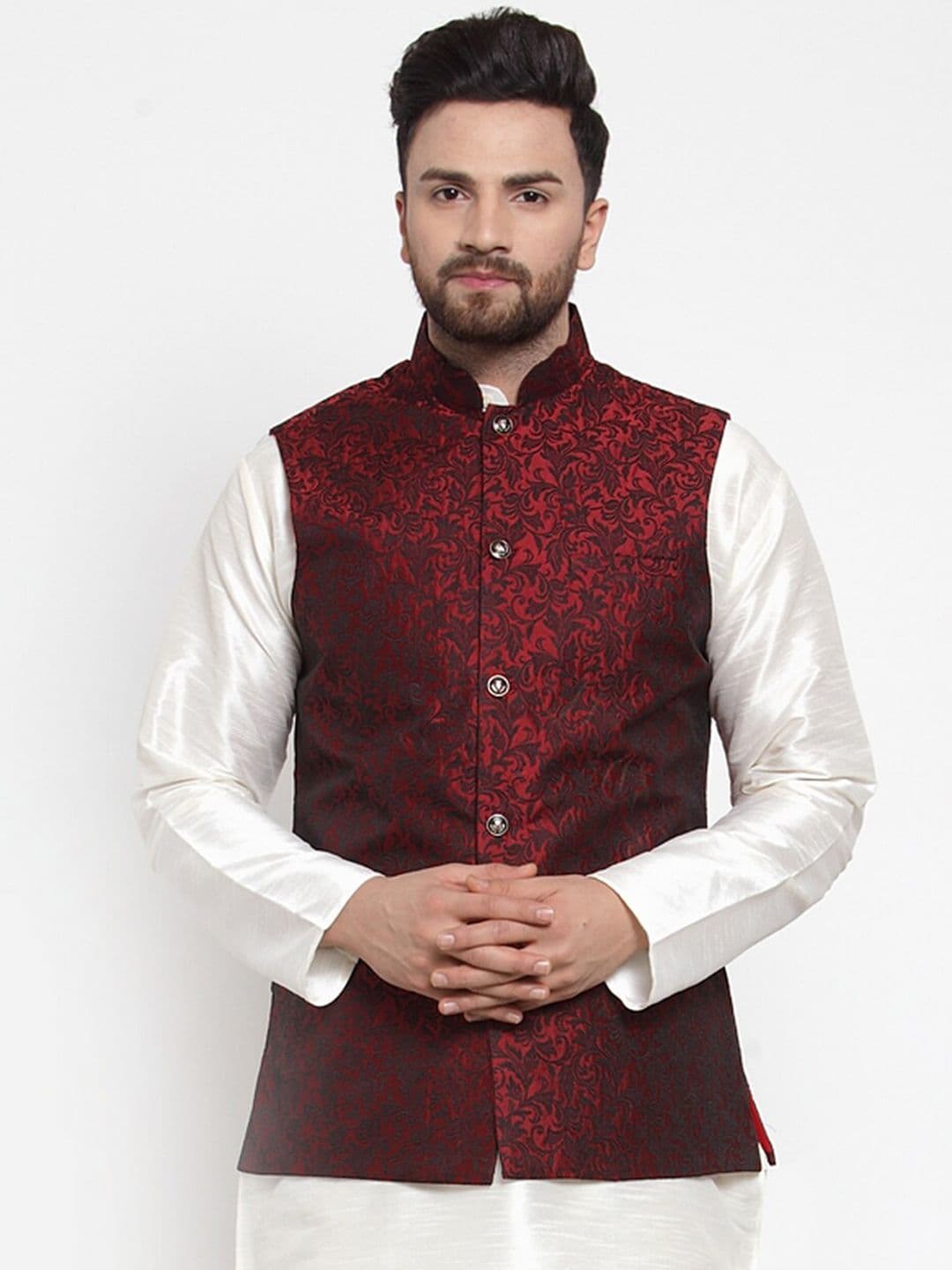 Jompers Men Maroon Floral Woven Design Nehru Jacket - view 1