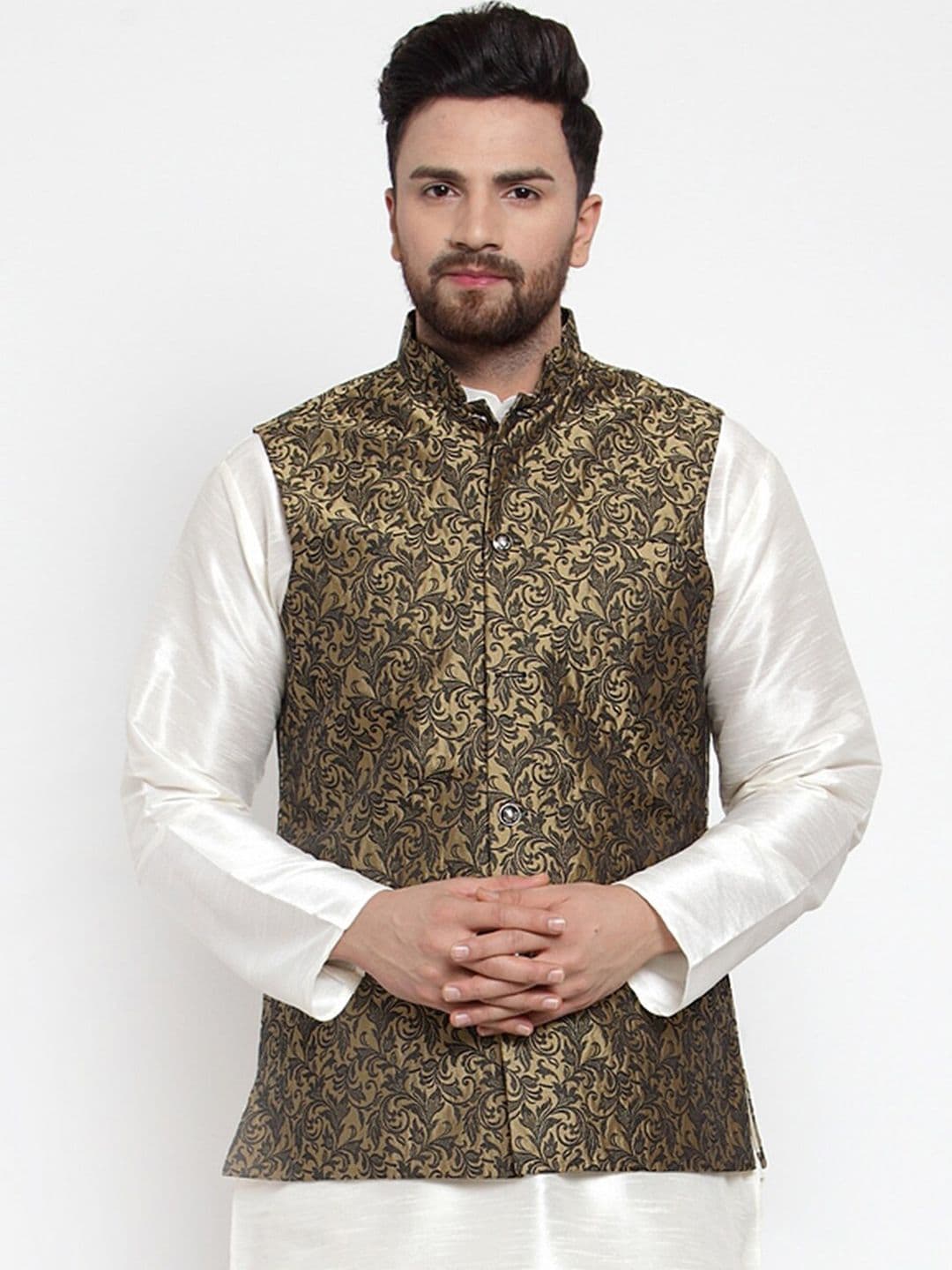 Jompers Men Gold & Black Woven Design Nehru Jacket - view 1