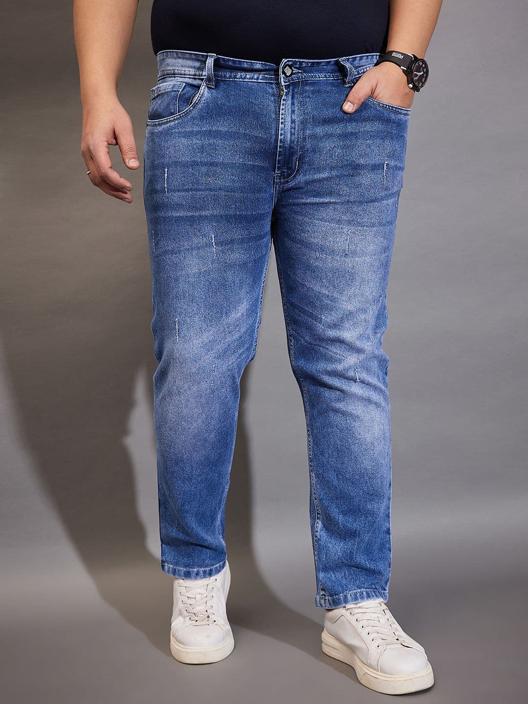 bigbanana Men Washed Plus Size Blue Comfort Heavy Fade Stretchable Denim Jeans - view 1