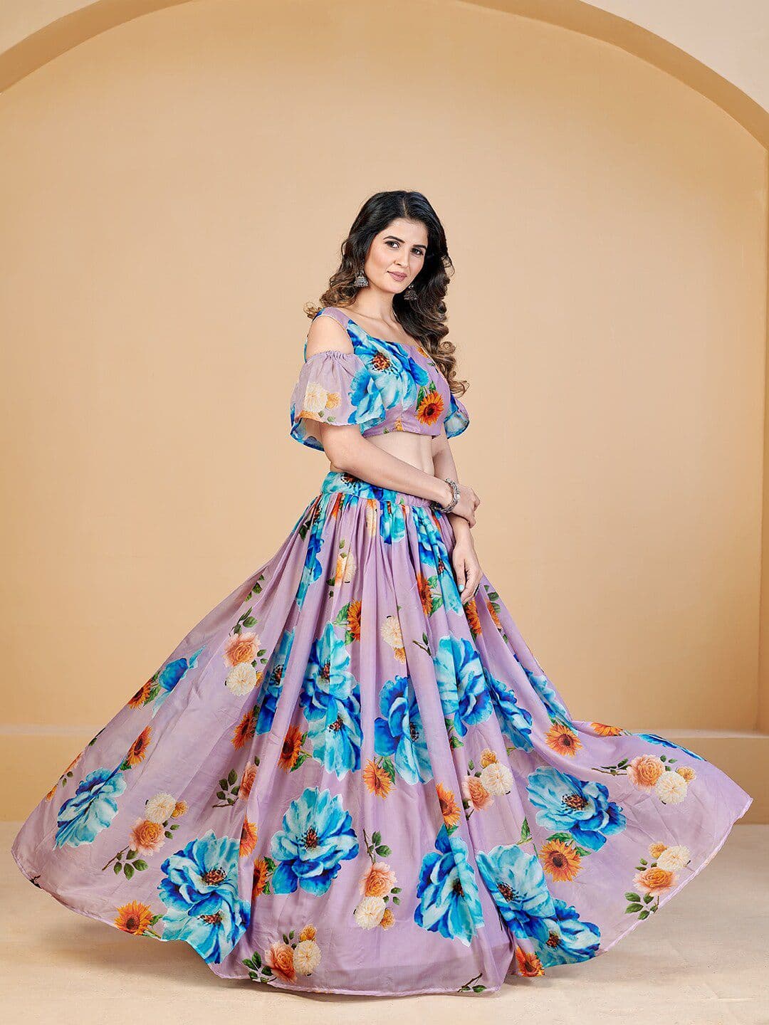 SHOPGARB Lavender & Blue Printed Semi-Stitched Lehenga & Unstitched Blouse With Dupatta - view 1