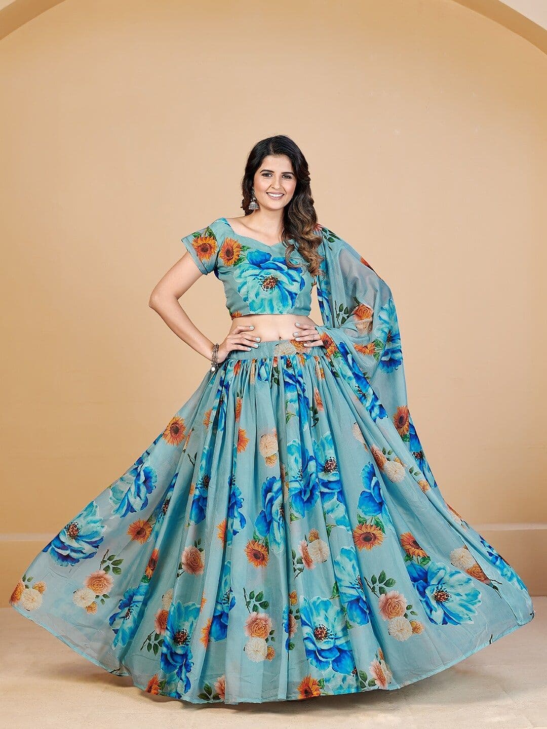 SHOPGARB Turquoise Blue & Red Printed Semi-Stitched Lehenga & Unstitched Blouse With Dupatta - view 1