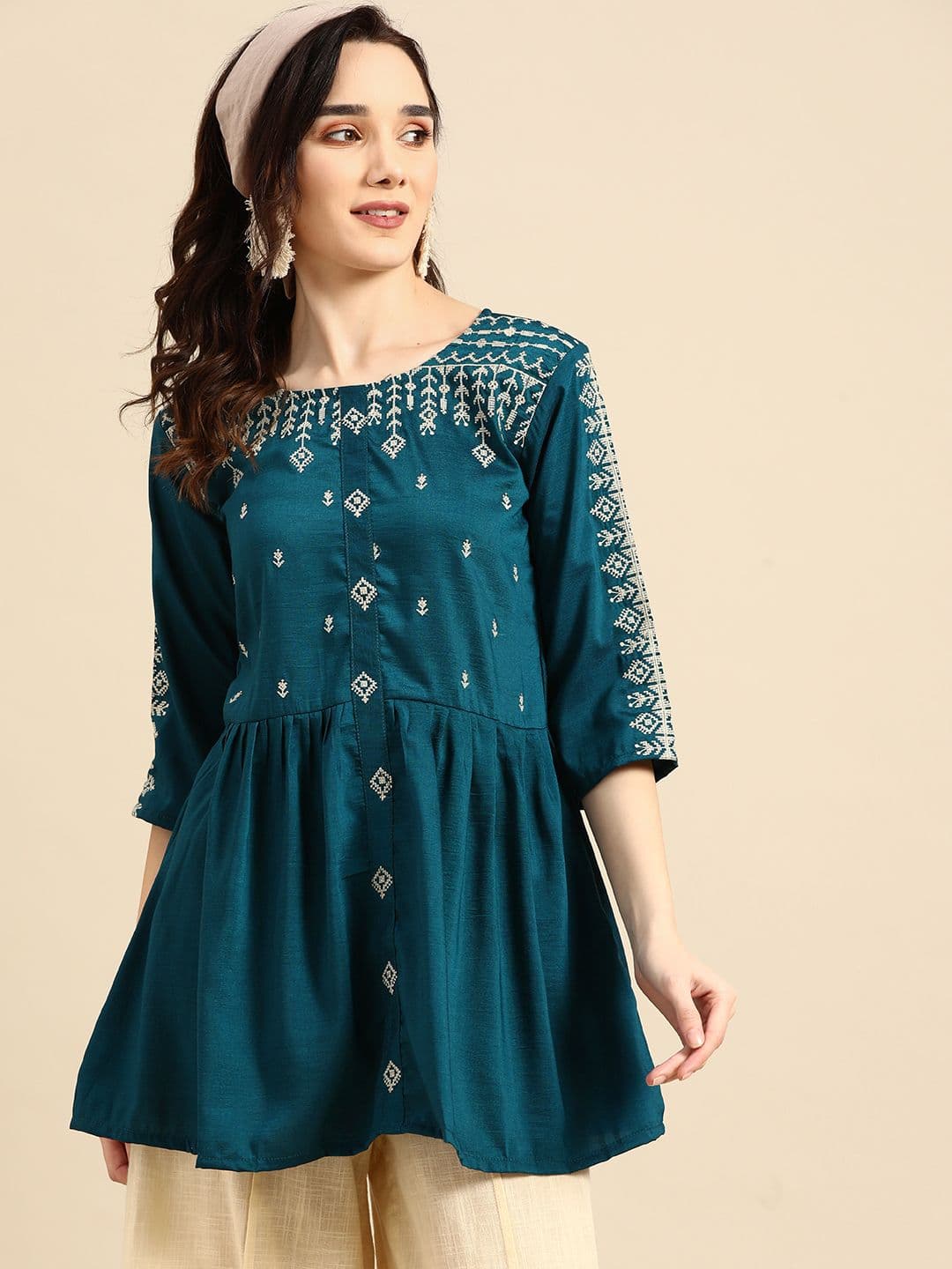 Sangria Teal Embroidered Cinched Waist Longline Top - view 1