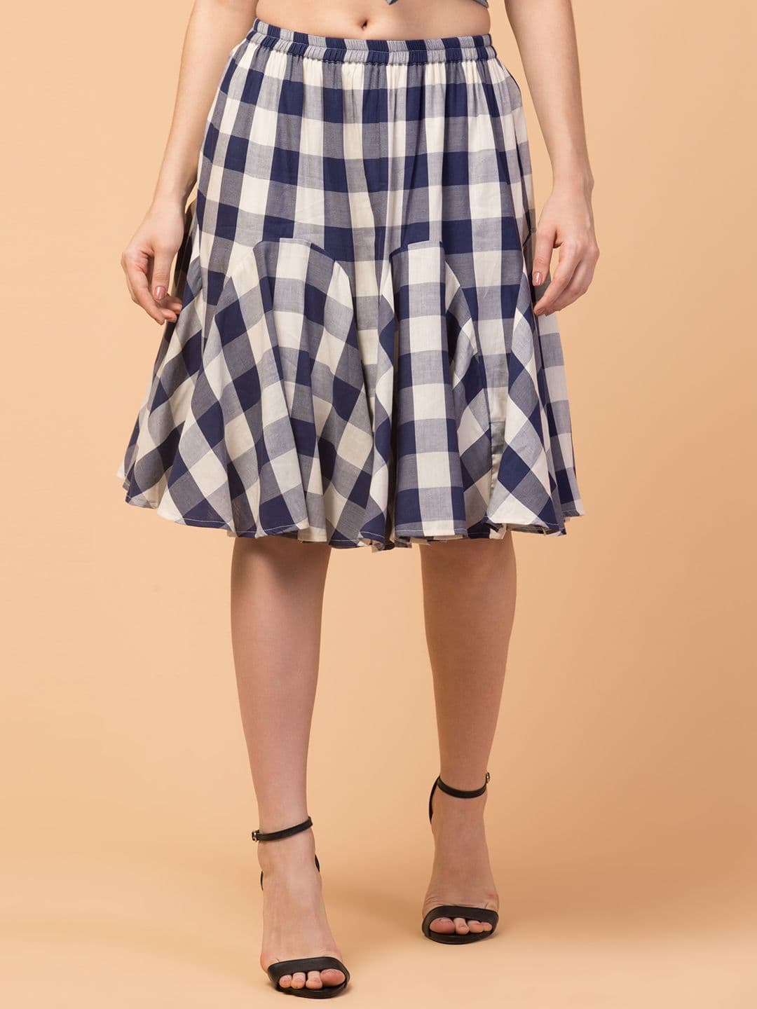 Hive91 Women Blue & White Checked Knee Length Flared Skirts - view 1
