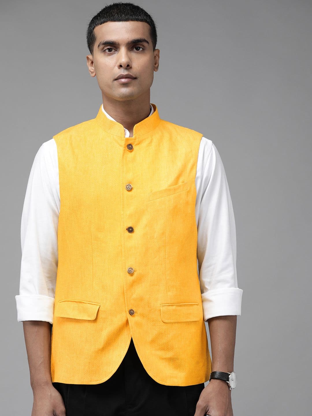 Blackberrys Men Mustard Yellow Pure Linen Self-Design Slim Fit Nehru Jacket - view 1