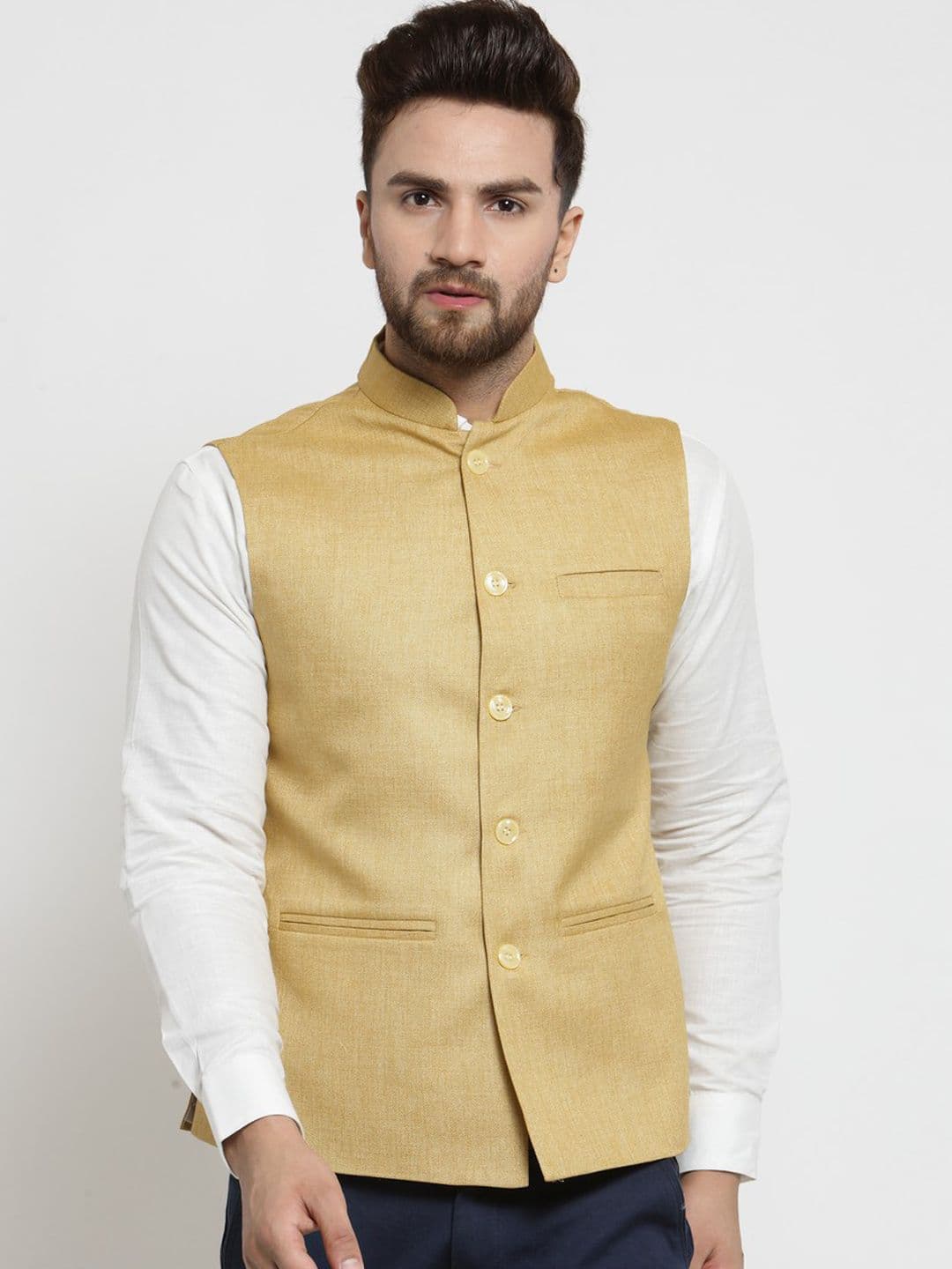 TREEMODA Men Yellow Solid Nehru Jackets - view 1