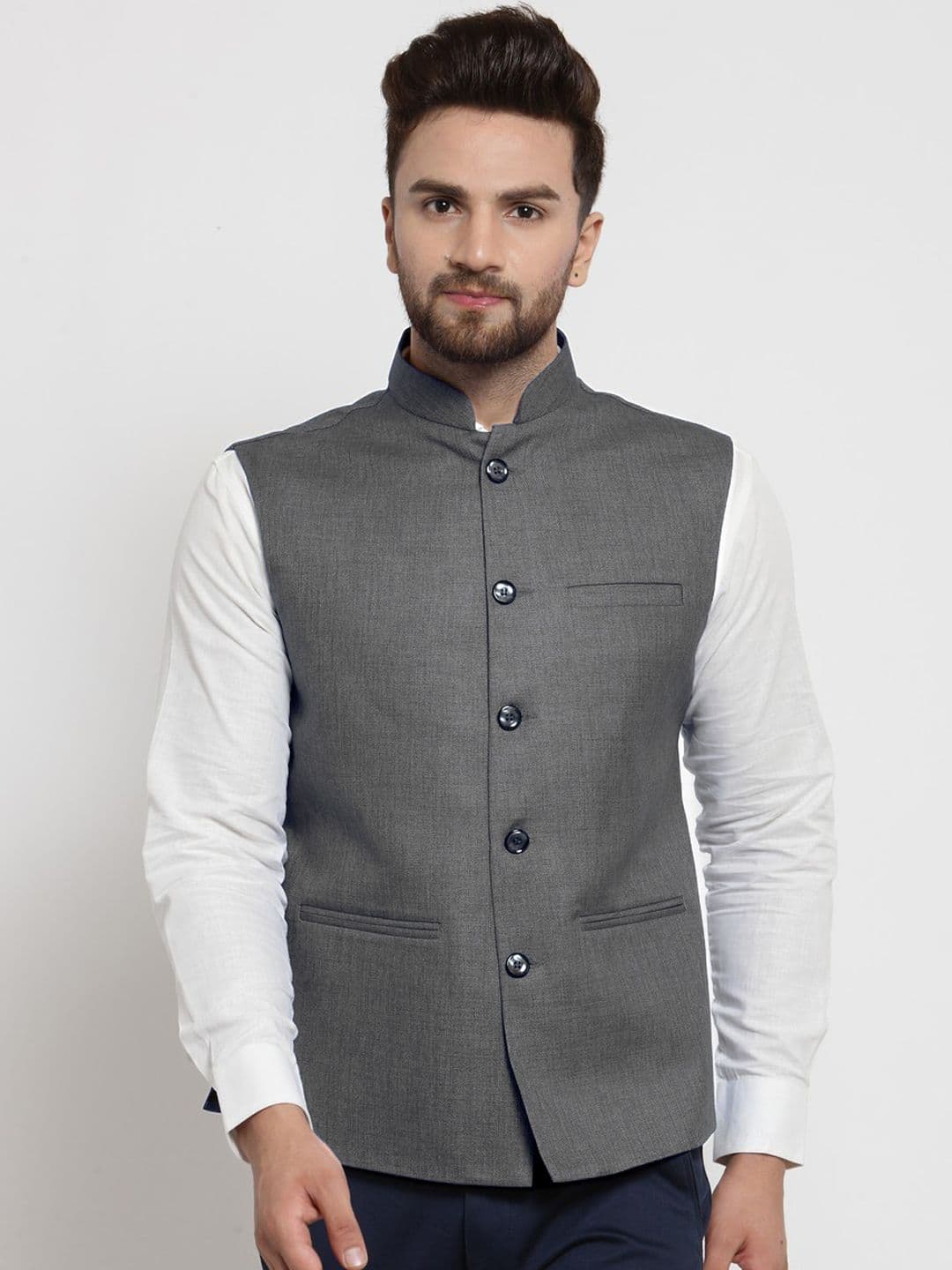 TREEMODA Men Grey Solid Nehru Jackets - view 1