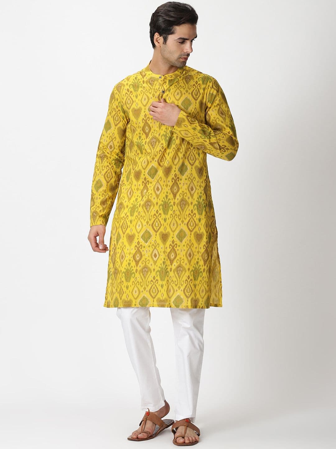 Saffron Threads Men Yellow Ikat Printed Kurta - view 1