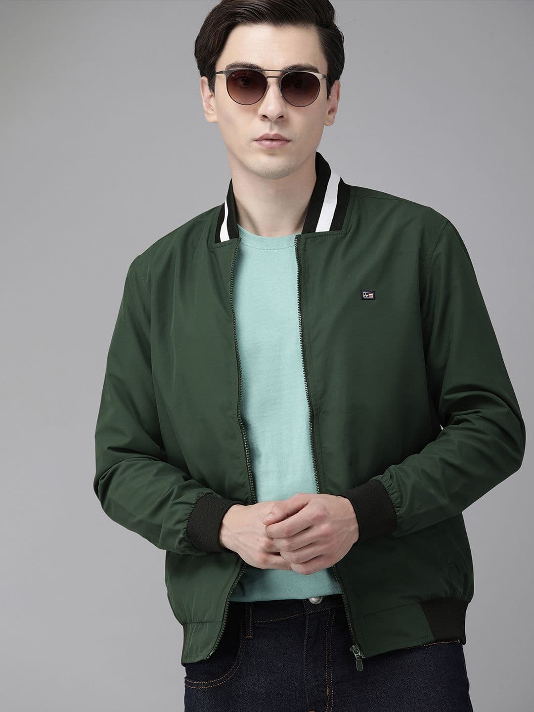 Arrow Men Green Solid Collarless Bomber Jacket - view 1