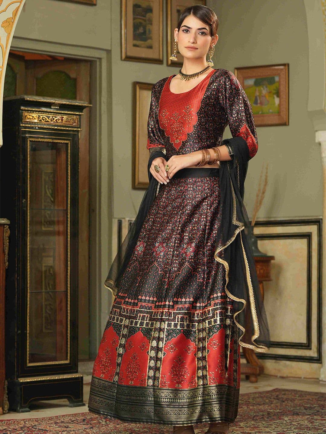Juniper Black & Maroon Embellished Ready to Wear Lehenga & Blouse With Dupatta - view 1