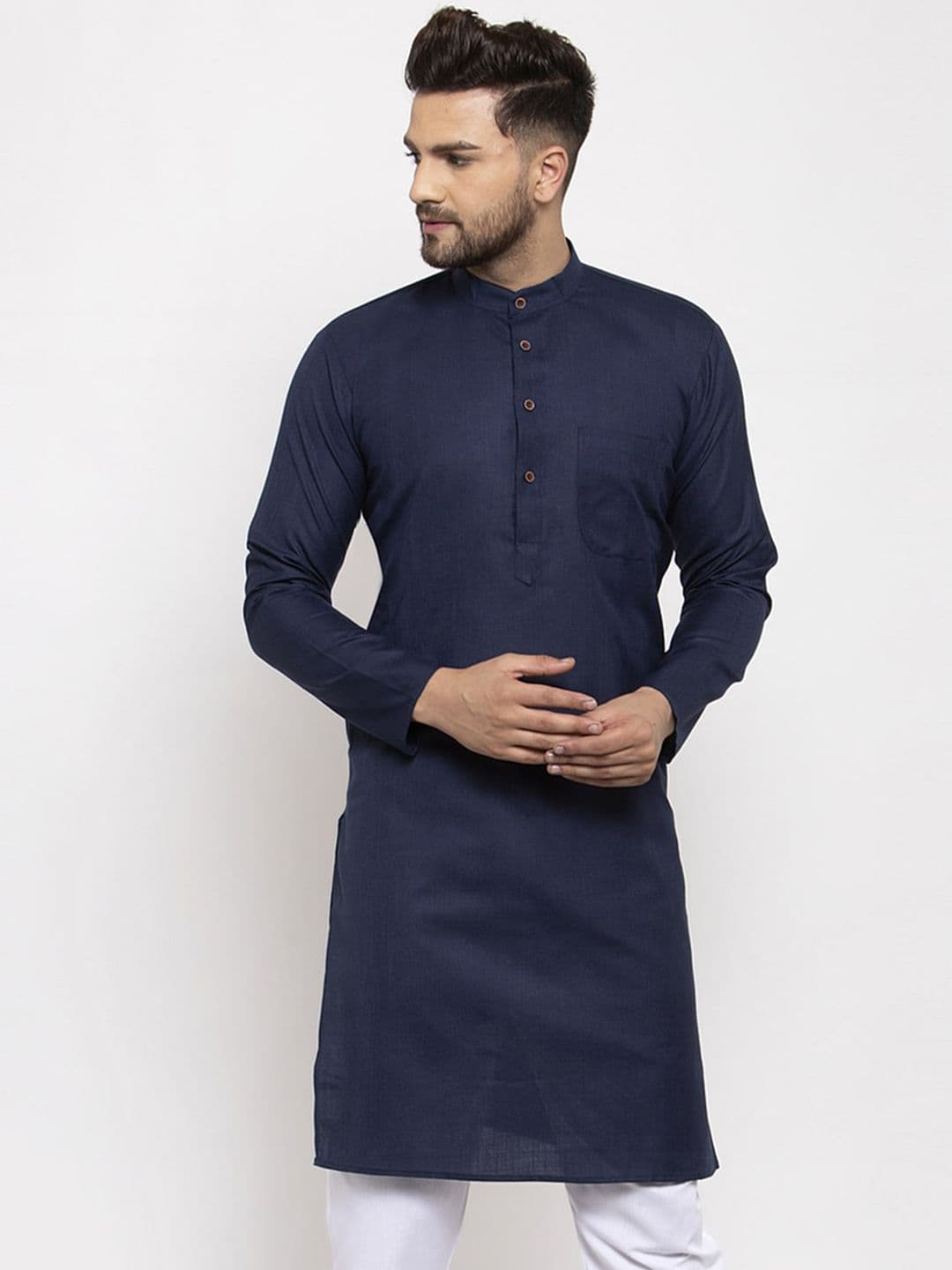 Jompers Men Navy Blue Pure Cotton Straight Kurta - view 1