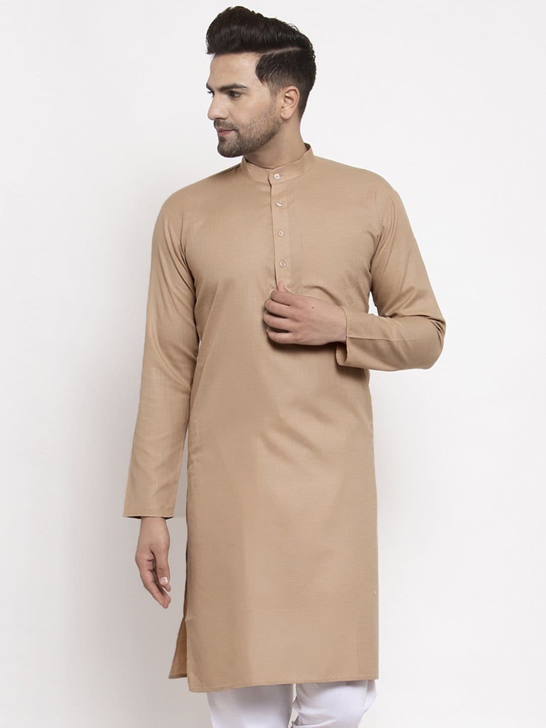 Jompers Men Beige Cotton Blend Thread Work Kurta - view 1