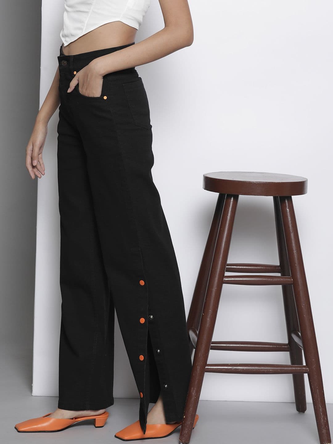 SASSAFRAS Women Black Comfort Straight Fit High-Rise Side Slit Stretchable Jeans - view 1