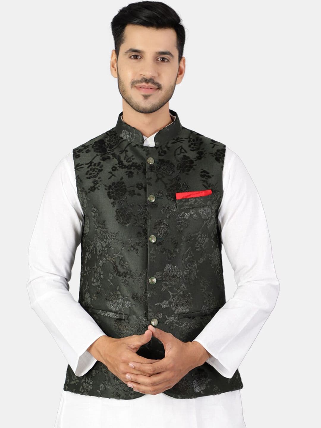 Wintage Men Green Embroidered Nehru Jackets - view 1