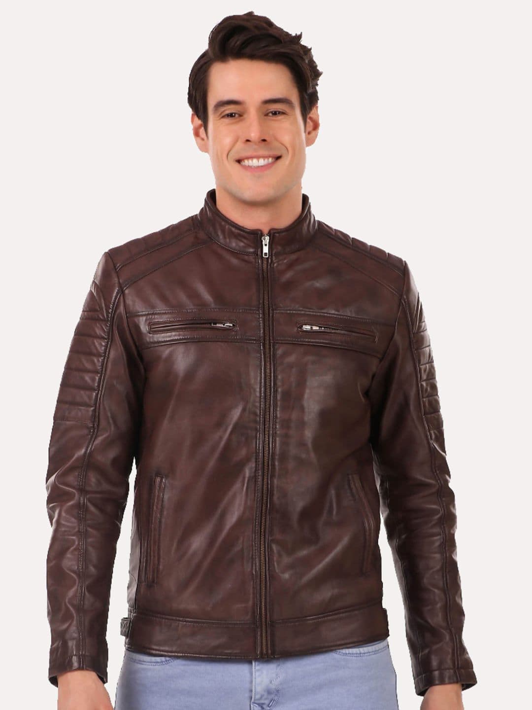 Leather Retail Men Coffee Brown Leather Outdoor Biker Jacket - view 1