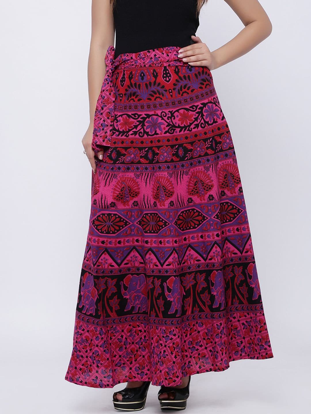 SOUNDARYA Pink & Black Printed Wrap-Around Maxi Pure Cotton Skirt - view 1